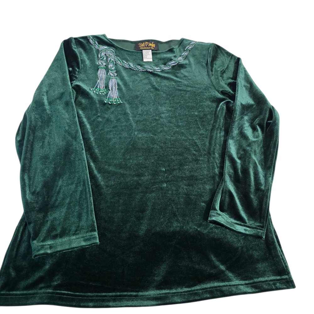Bob Mackie Blouse‎ Top Womens Green S Velvet 90s Fringe Embroidered Beaded Art